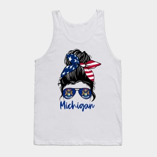 Michigan girl Messy bun , American Girl , Michigan Flag Tank Top